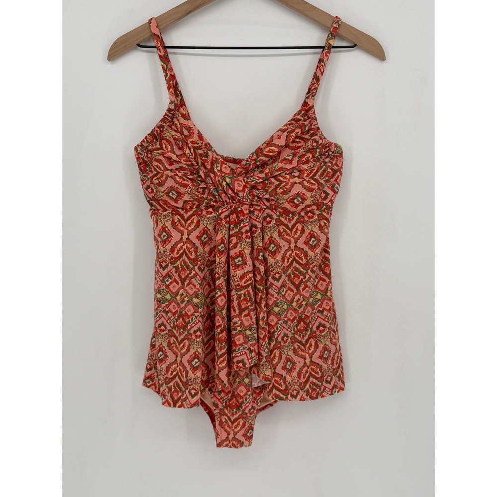 Garnet Hill‎ Tankini One Piece Swimsuit Women 6 Orange Pink Geometric Beachwear